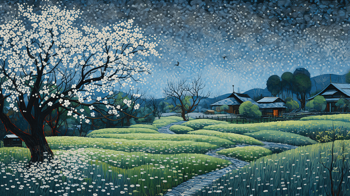 春季小乡村山水夜景插画