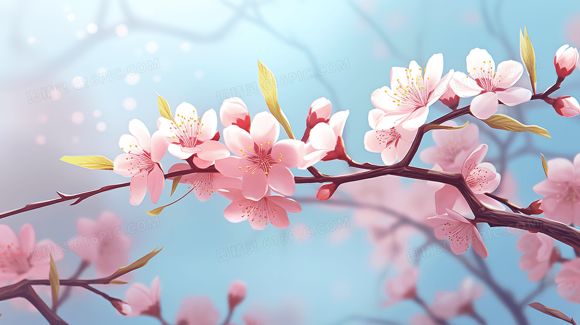能面　　蝉丸　　青木唯春　作 春日里盛开的樱花树插画背景图片下载_2912x1632像素JPG格式_编号
