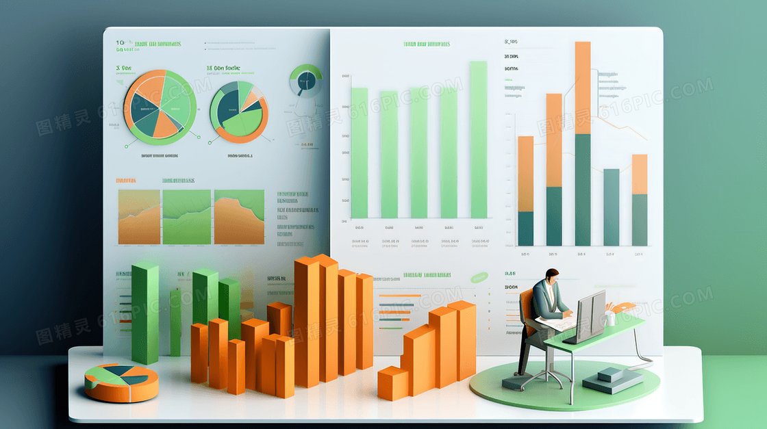 2.5D数据分析柱状图和饼形图插画