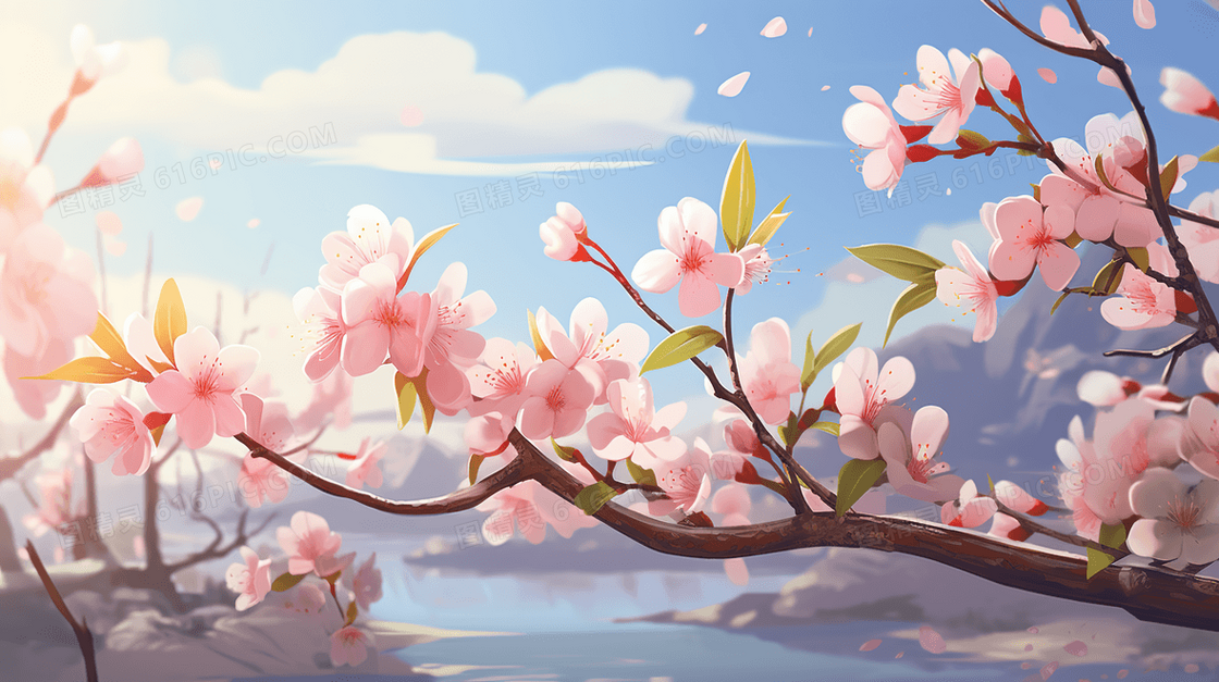 春日里盛开的樱花树插画