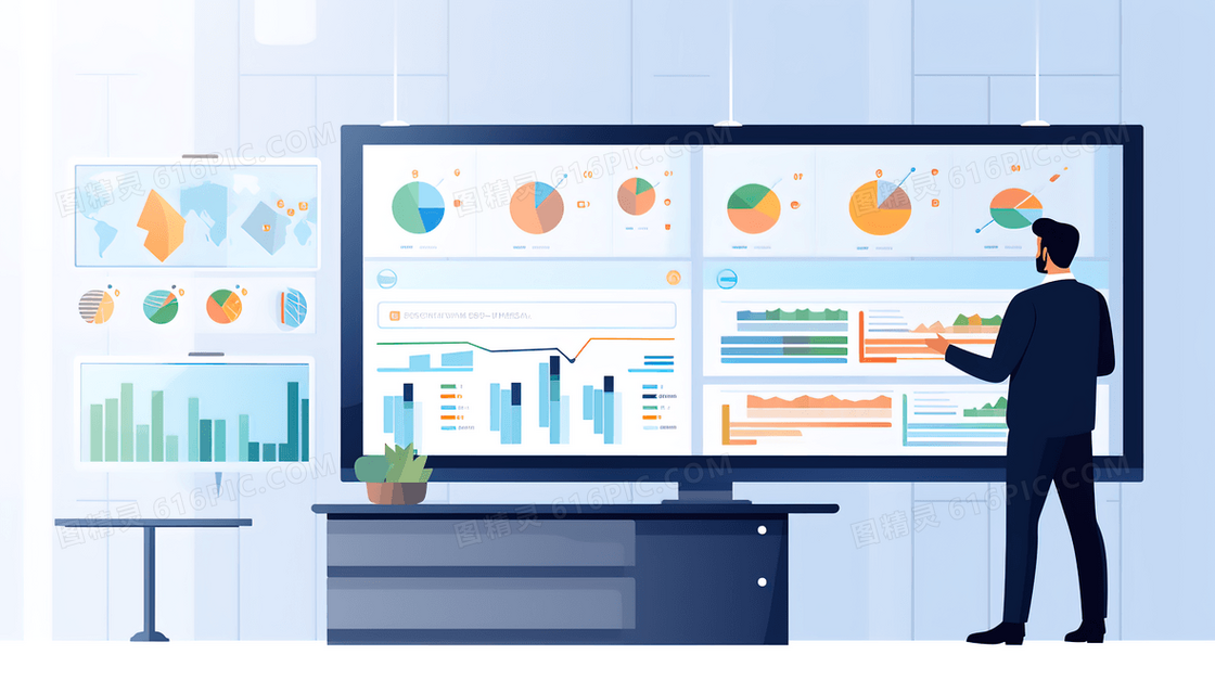屏幕前讲解数据分析柱状图的商务人士插画