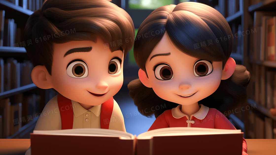 一起看书的两个3D小孩插画