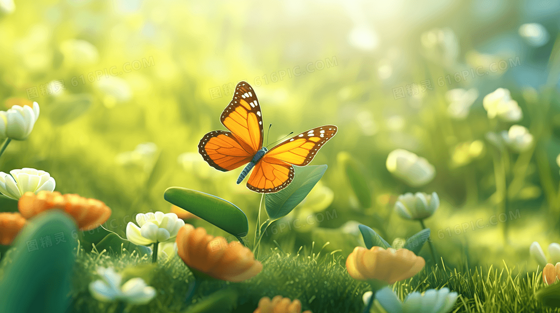 春季山野花草地上飞舞的蝴蝶插画