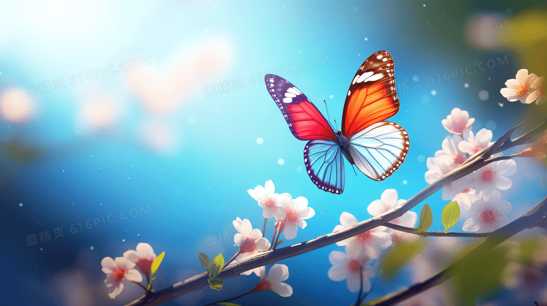 春季山野花草地上飞舞的蝴蝶插画