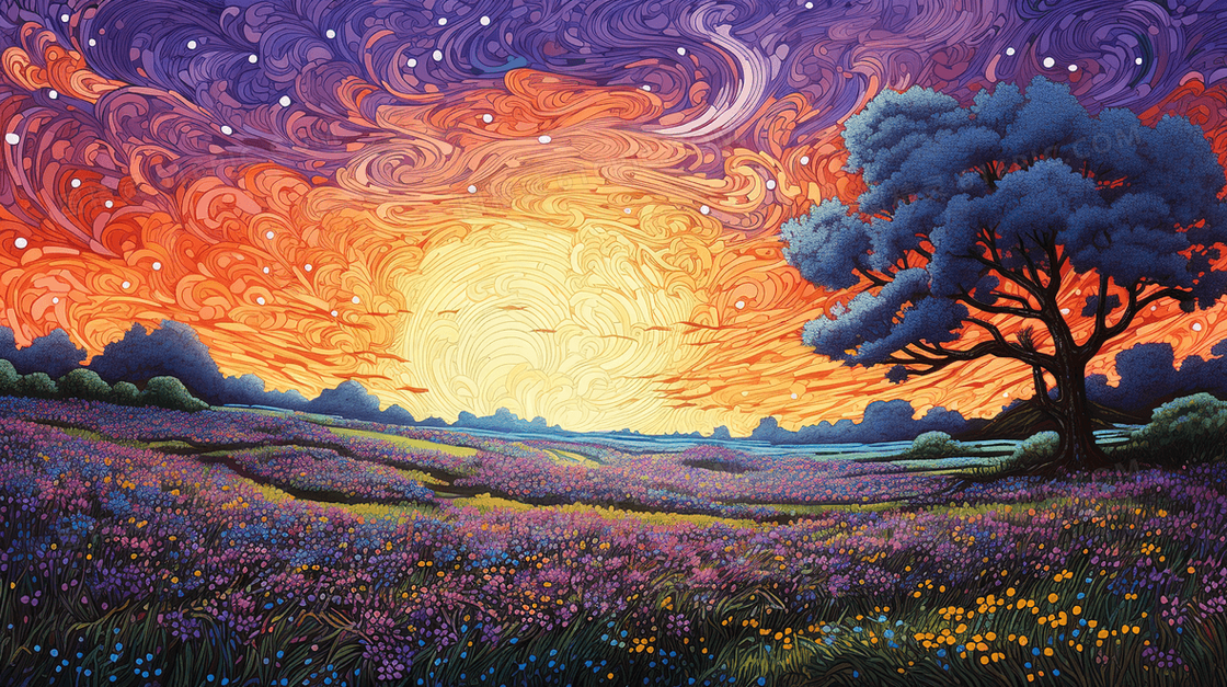春季野花盛开的山野景观插画
