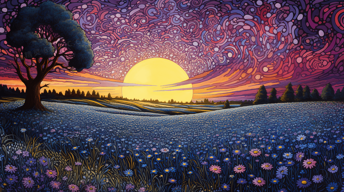 春季野花盛开的山野景观插画