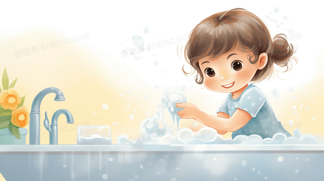 小女孩在浴室里玩耍洗手插画