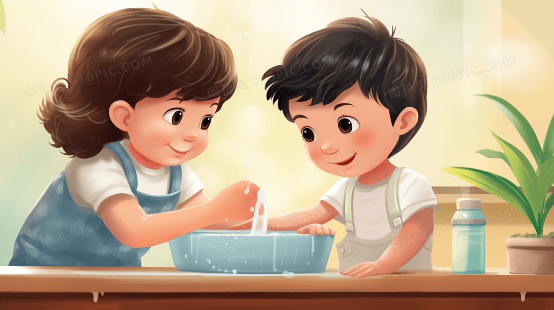 小女孩和小男孩在浴室里玩耍洗手插画