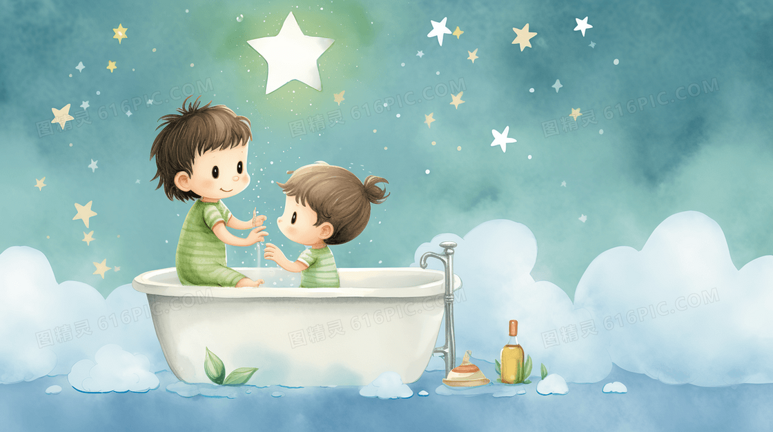 小孩在浴室里玩耍洗手插画