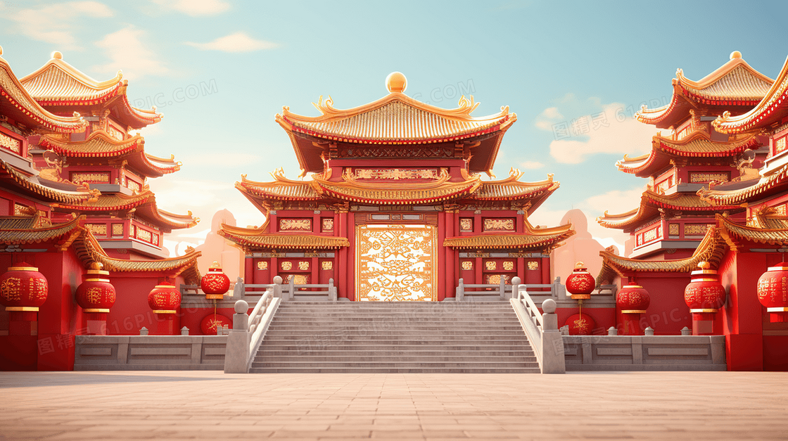 中国风C4D蓝天白云下的城楼门外风景插画