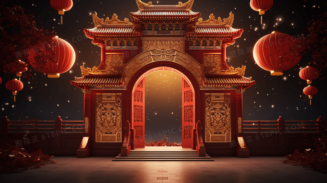 中国风C4D夜晚星空下的城楼门外风景插画