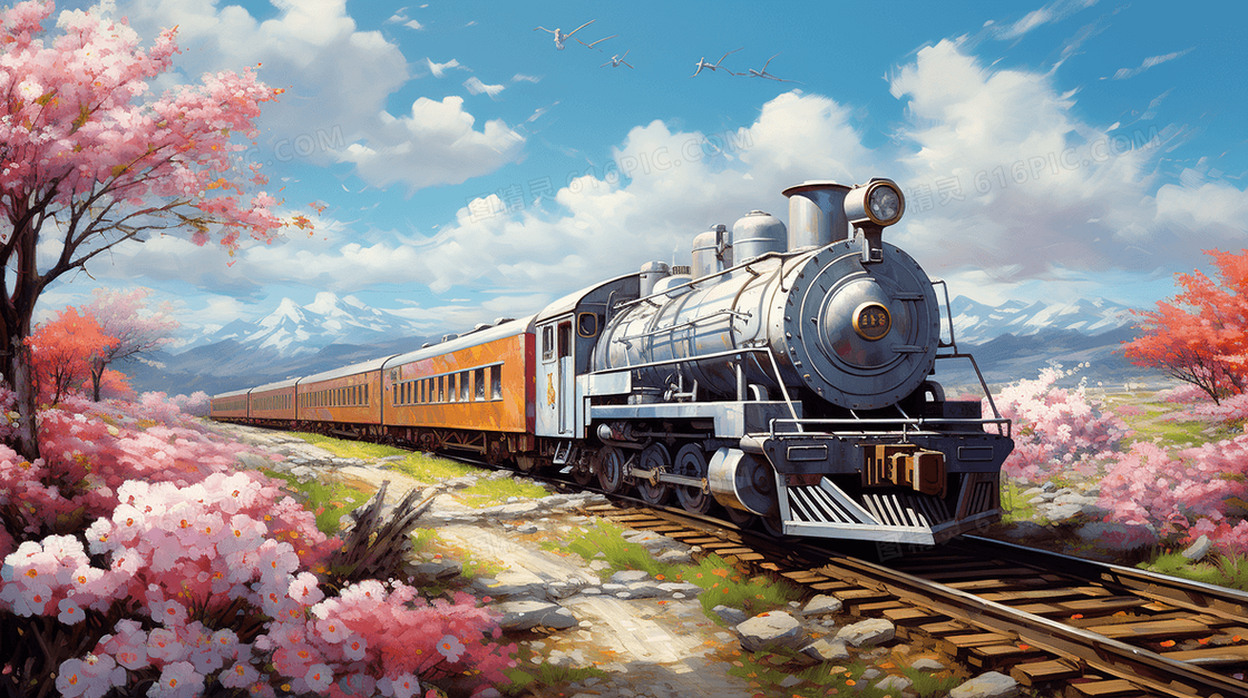 一列开往春天里的列车风景插画