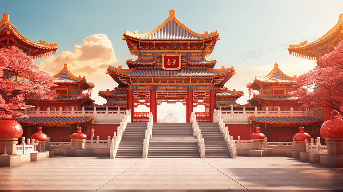 中国风C4D蓝天白云下的中式建筑城楼门外风景插画