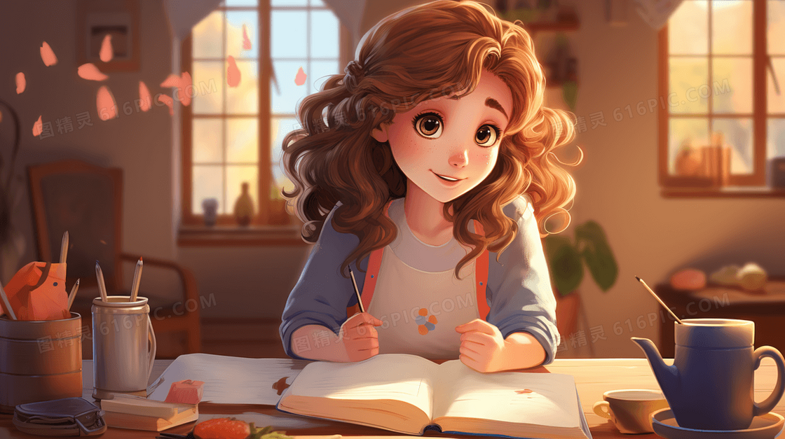 3D书房里阅读的女孩插画