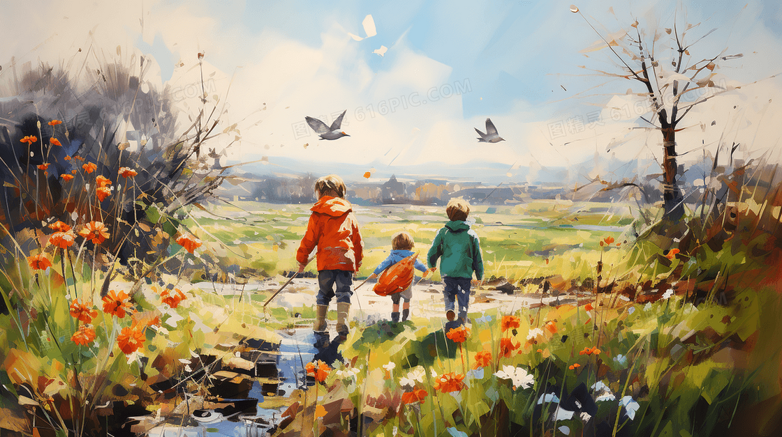 春天孩子站在草地仰望着天空背影插画