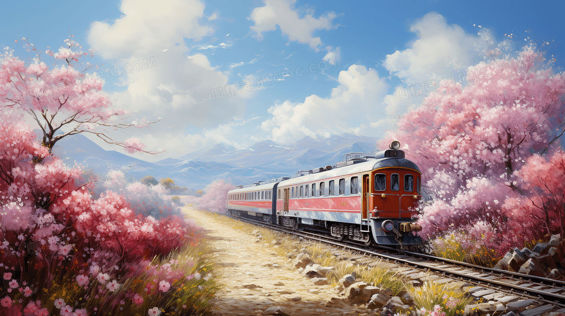 一列开往春天里的列车风景插画