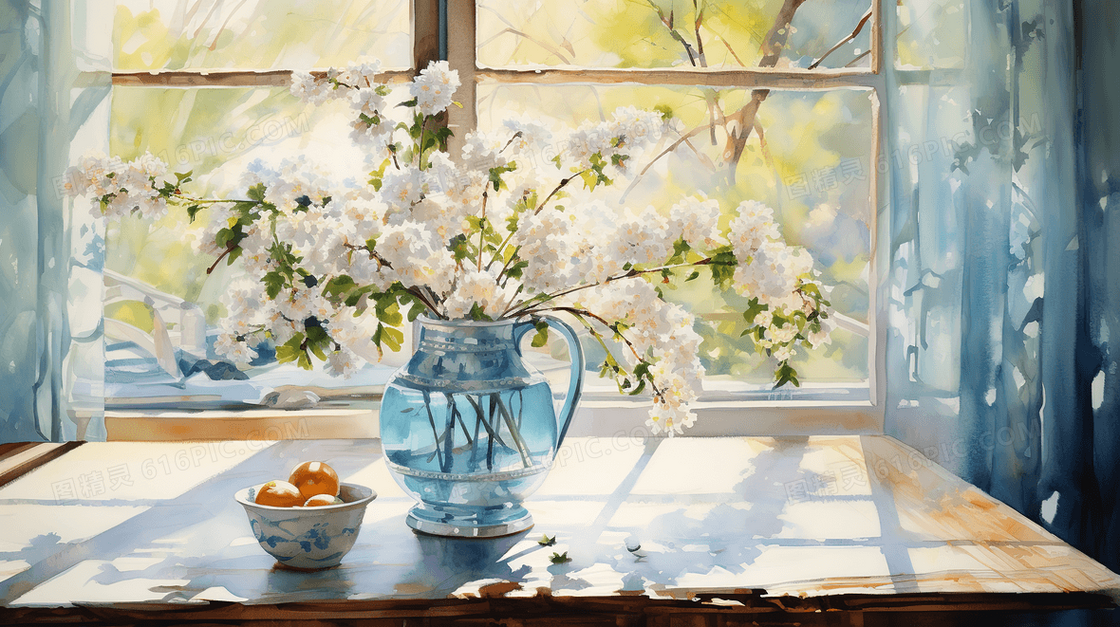唯美小清新风窗台花盆油画插画