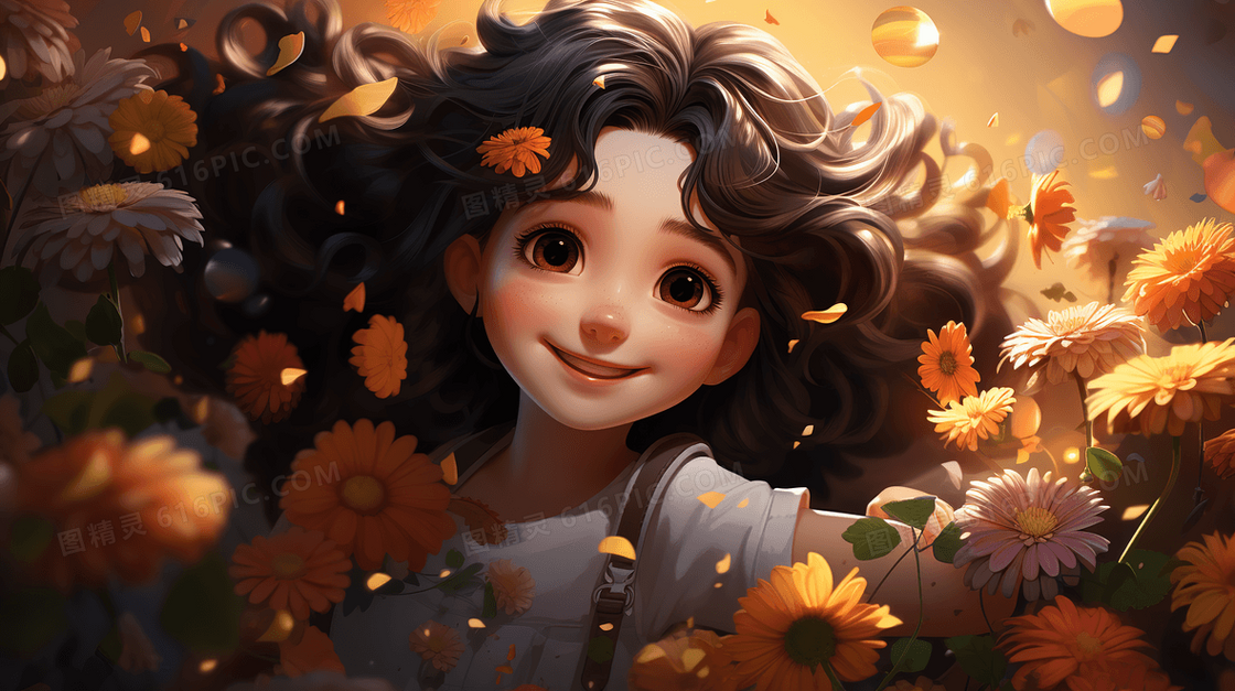 花丛中的漂亮小女孩插画