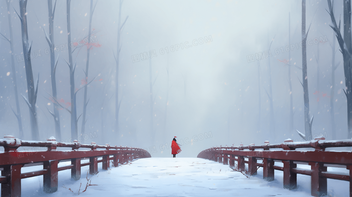 唯美冬天下雪的木桥风景插画