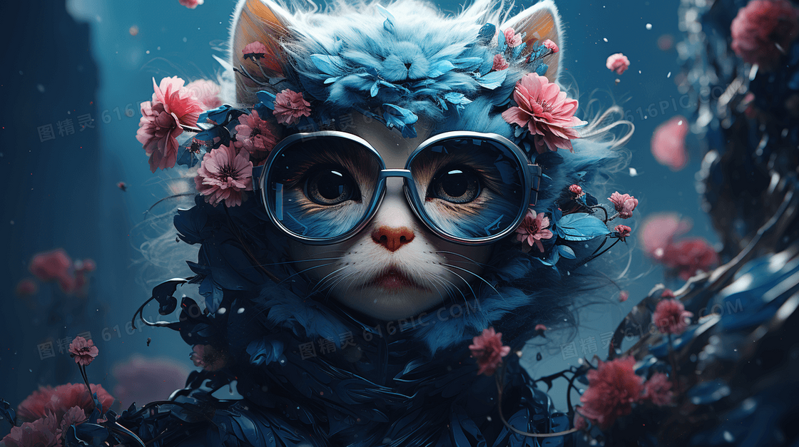 蓝色科技风未来虚构戴眼镜目向前方猫咪插画
