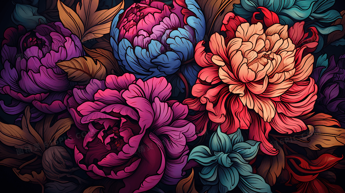 彩色水彩风春天漂亮花朵景色插画