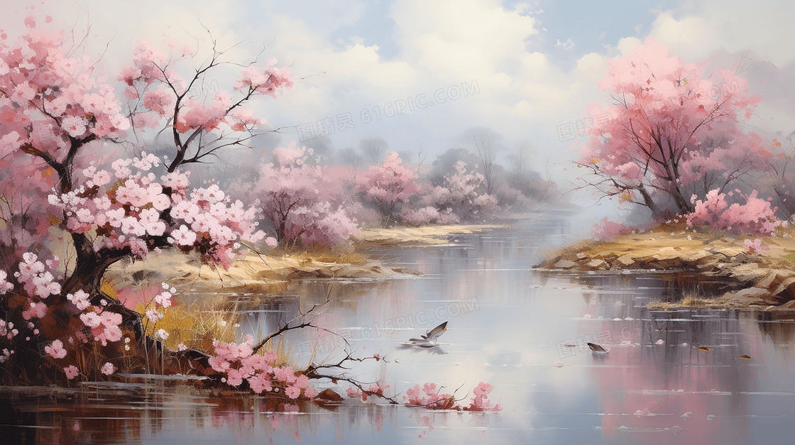 唯美小清新风樱花树枝风景插画