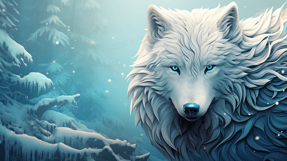 蓝色简约风冬季雪山上的狼插画