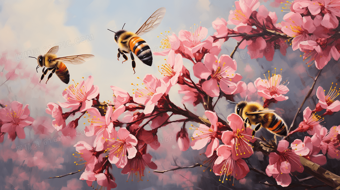 粉色小清新风蜜蜂花朵采蜜插画