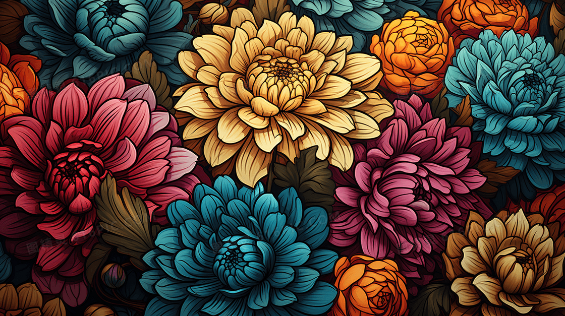 彩色水彩风春天漂亮花朵景色插画