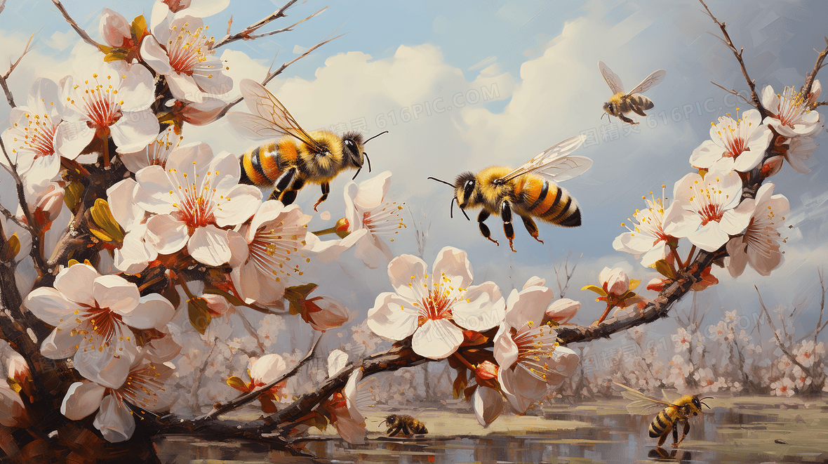 粉色小清新风蜜蜂花朵采蜜插画背景图片下载_2912x1632像素jpg格式