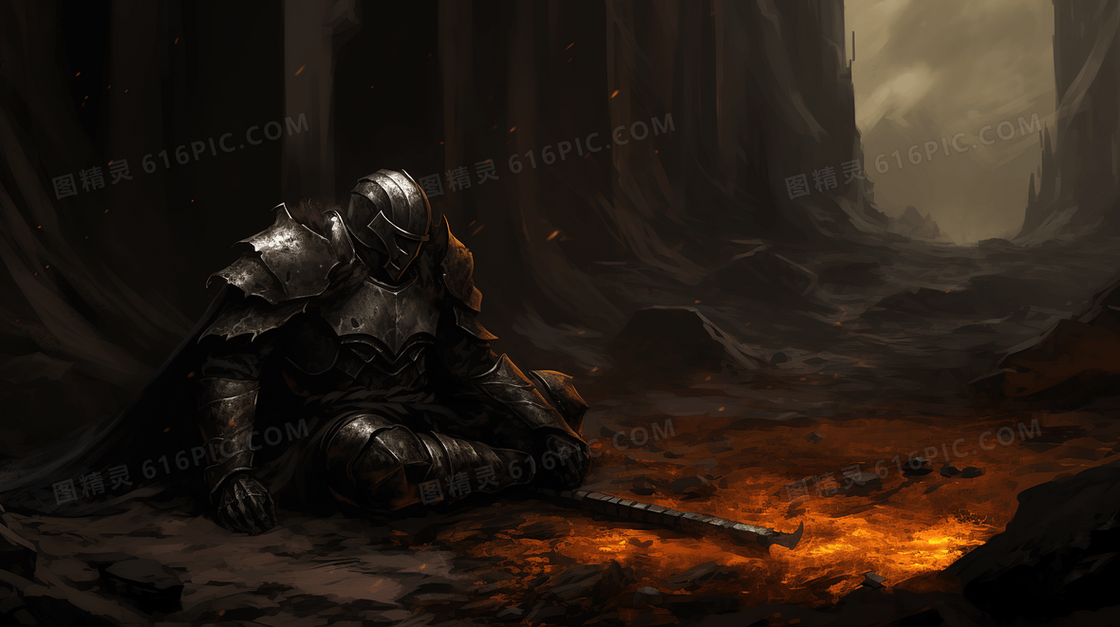 暗夜山洞里坐在地上的战争铠甲插画