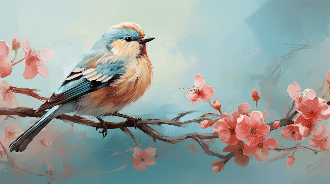 水彩手绘站在树枝上的鸟风景插画