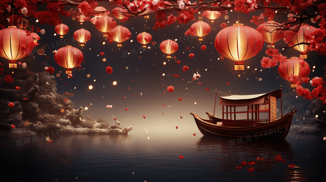 高挂红灯笼庆祝春节插画