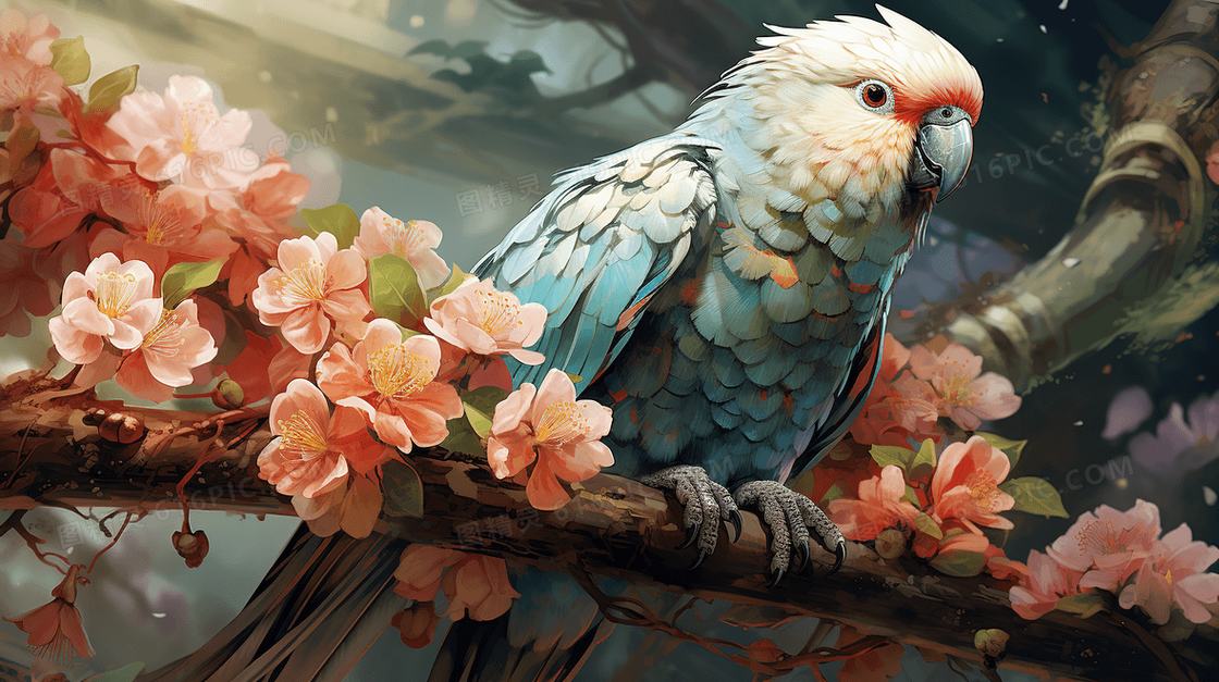 水彩手绘站在树枝上的鹦鹉风景插画