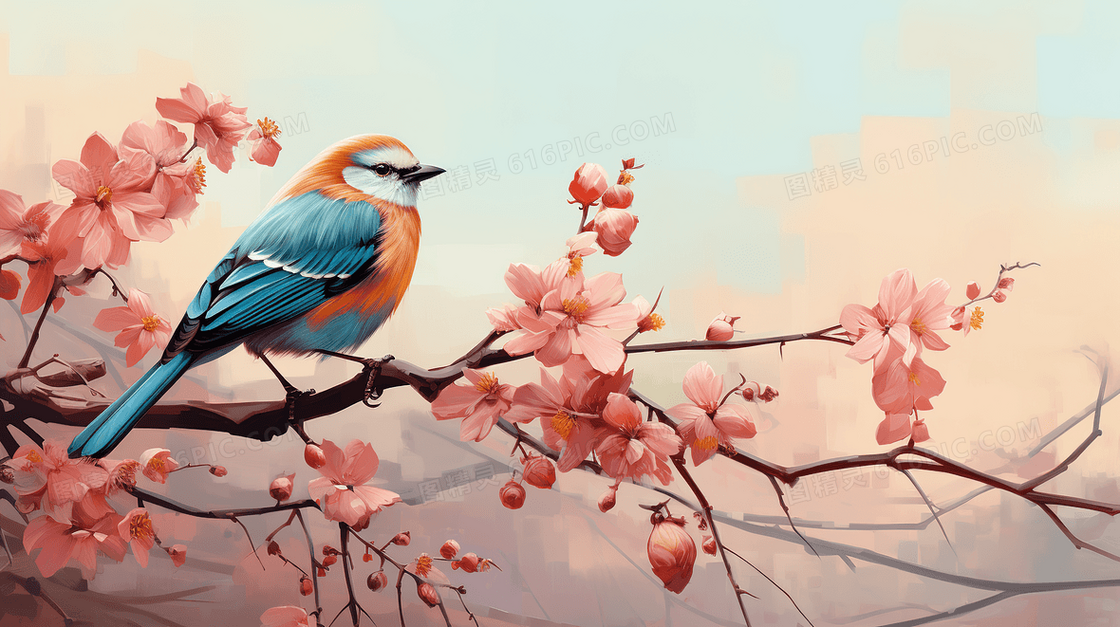 水彩手绘站在树枝上的鸟风景插画