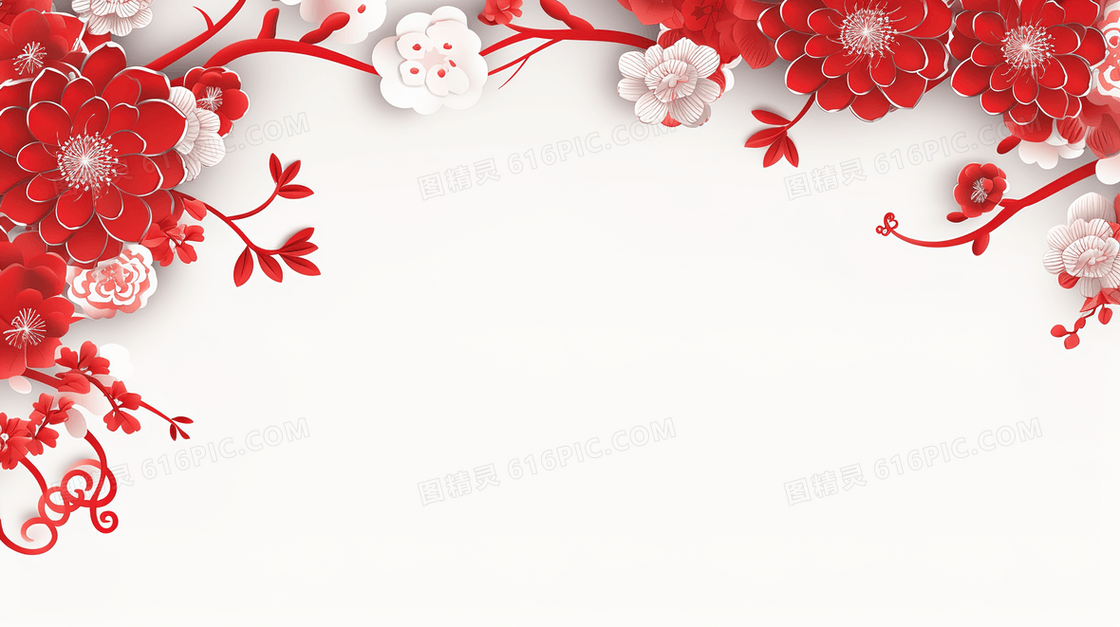 白底红色鲜花边框装饰插画