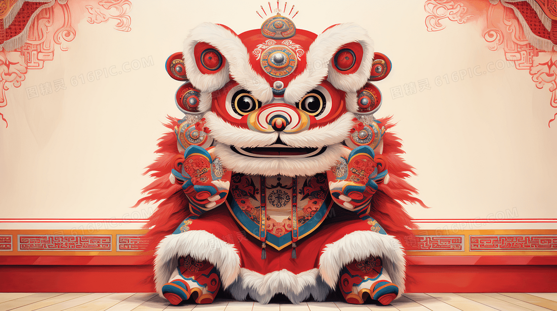 春节可爱的3D醒狮插画