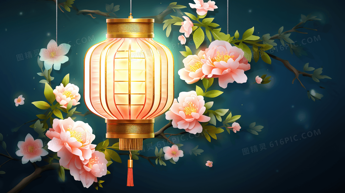 中式古典鲜花与灯笼插画