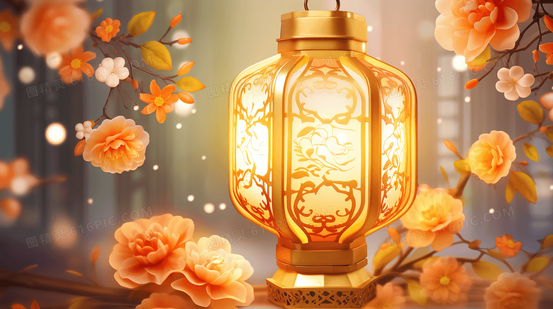 中式古典鲜花与灯笼插画