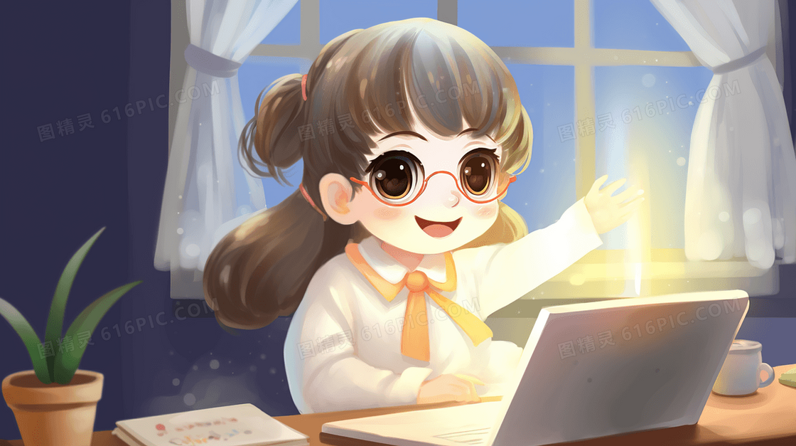 在笔记本电脑前工作的小女孩插画