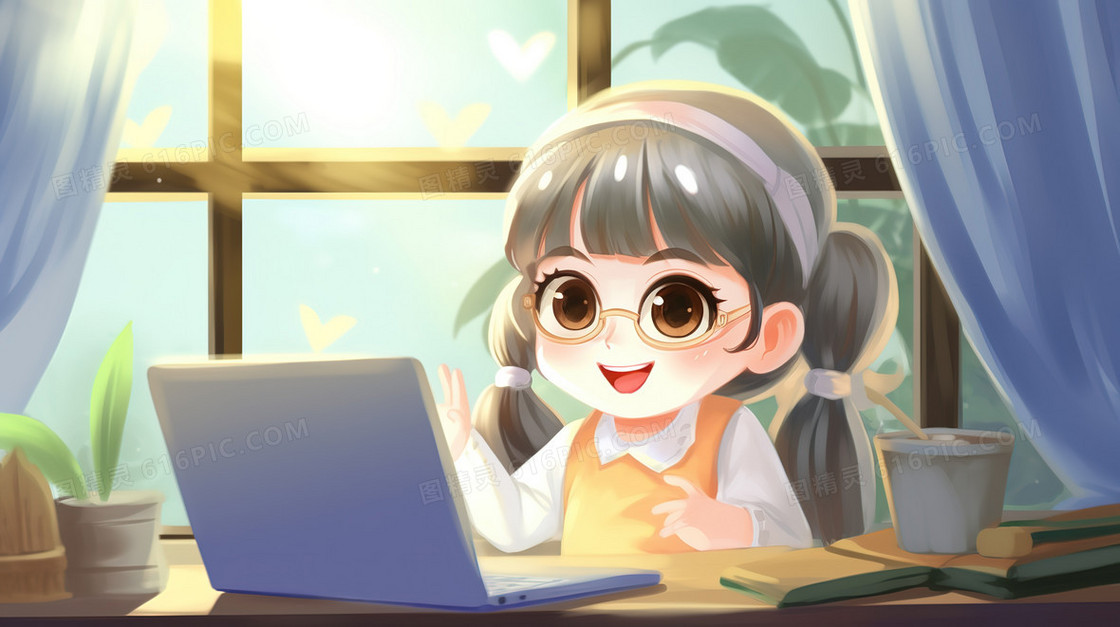 在笔记本电脑前工作的小女孩插画
