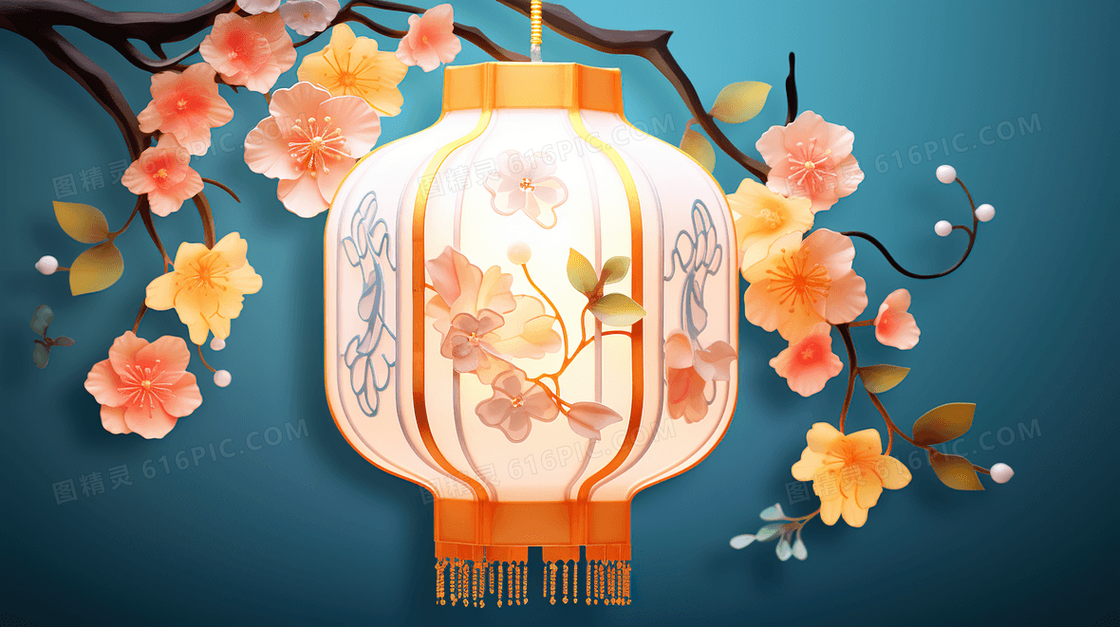 中式古典鲜花与灯笼插画