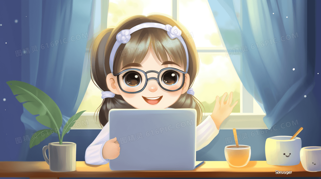 在笔记本电脑前工作的小女孩插画