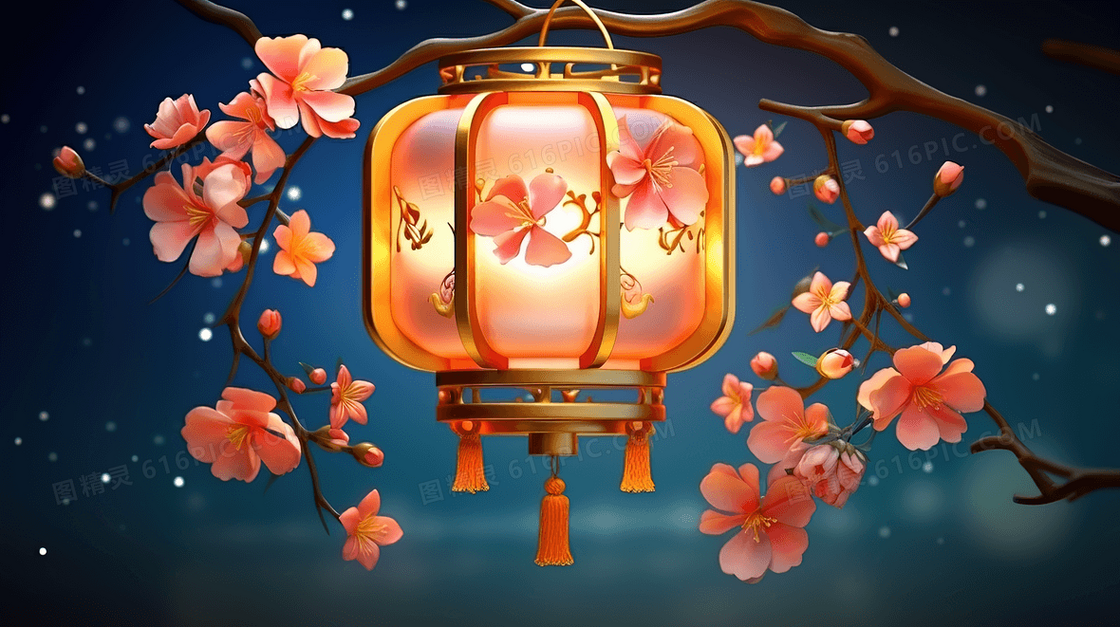中式古典鲜花与灯笼插画