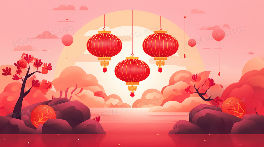 春节红灯笼装饰山水插画