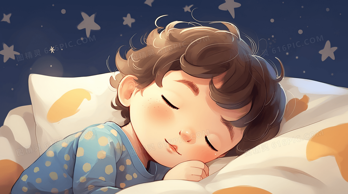 趴在枕头上安稳睡觉的男孩插画
