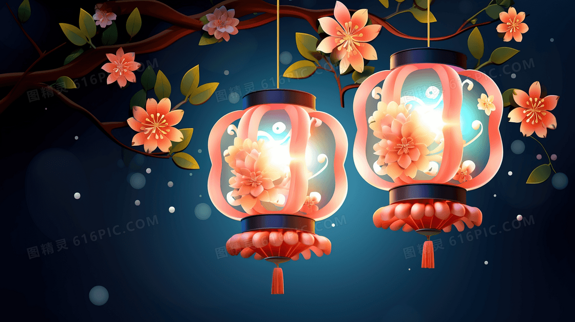 中式古典鲜花与灯笼插画