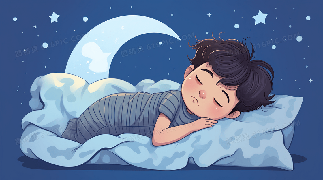 夜晚安稳睡觉的小男孩插画