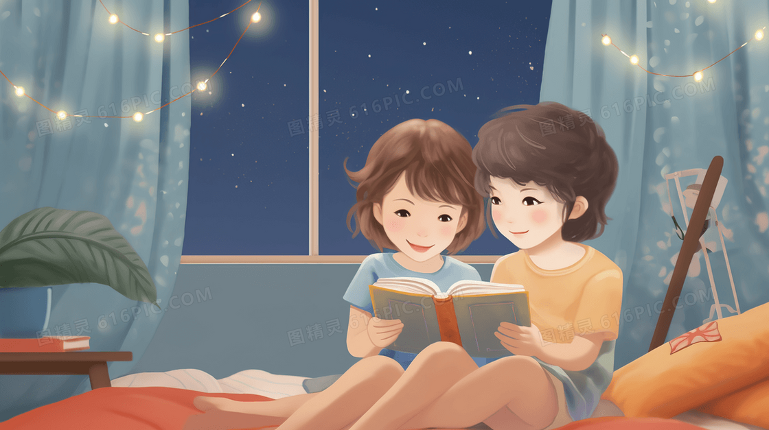 窗户边睡前阅读的小女孩插画