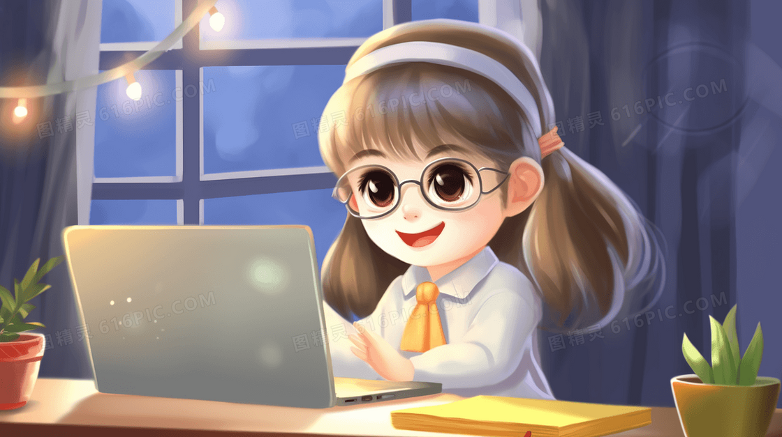 在笔记本电脑前工作的小女孩插画